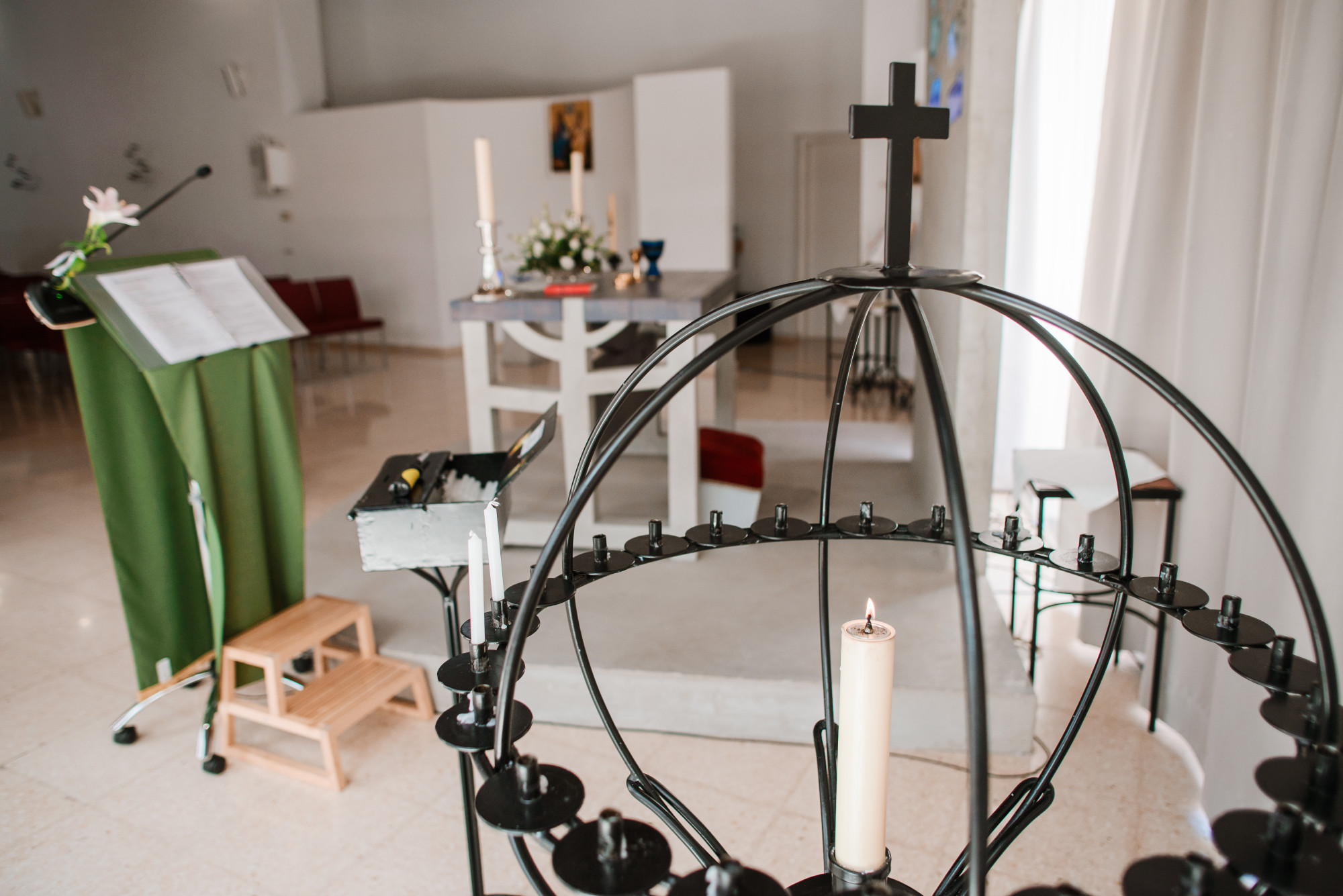 Studio workspace with threads and hoop